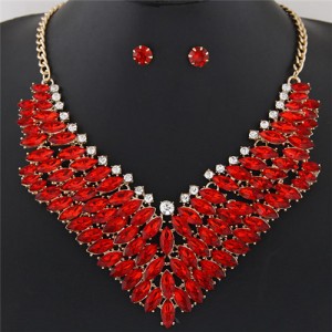 Brightful Resin Gems Floral Theme Fashion Short Necklace and Earrings Set - Red