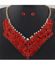Brightful Resin Gems Floral Theme Fashion Short Necklace and Earrings Set - Red