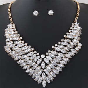Brightful Resin Gems Floral Theme Fashion Short Necklace and Earrings Set - White