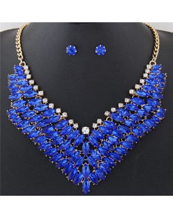 Brightful Resin Gems Floral Theme Fashion Short Necklace and Earrings Set - Blue