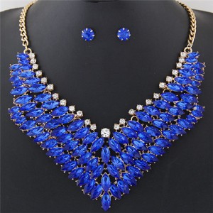 Brightful Resin Gems Floral Theme Fashion Short Necklace and Earrings Set - Blue