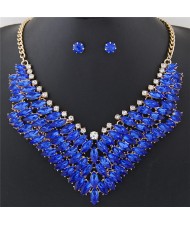 Brightful Resin Gems Floral Theme Fashion Short Necklace and Earrings Set - Blue