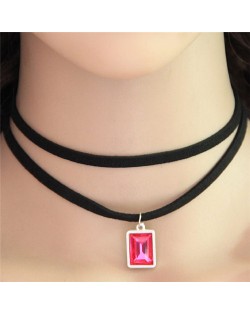 Oblong Gem Pendant Two Layers Rope Fashion Necklace - Red