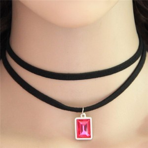 Oblong Gem Pendant Two Layers Rope Fashion Necklace - Red