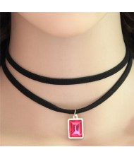 Oblong Gem Pendant Two Layers Rope Fashion Necklace - Red
