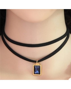Oblong Gem Pendant Two Layers Rope Fashion Necklace - Ink Blue