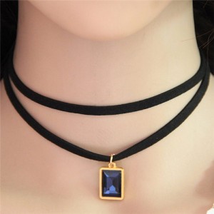 Oblong Gem Pendant Two Layers Rope Fashion Necklace - Ink Blue