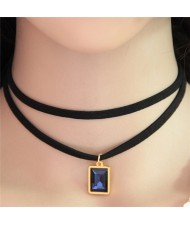 Oblong Gem Pendant Two Layers Rope Fashion Necklace - Ink Blue