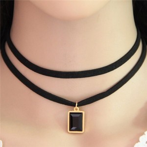 Oblong Gem Pendant Two Layers Rope Fashion Necklace - Black