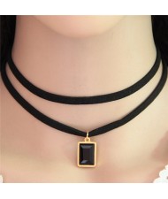 Oblong Gem Pendant Two Layers Rope Fashion Necklace - Black