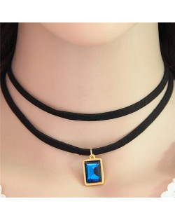 Oblong Gem Pendant Two Layers Rope Fashion Necklace - Blue
