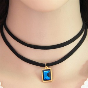 Oblong Gem Pendant Two Layers Rope Fashion Necklace - Blue