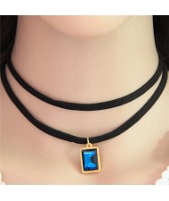 Oblong Gem Pendant Two Layers Rope Fashion Necklace - Blue