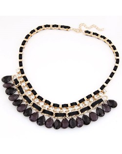 Rhinestone Embellished Resin Waterdrops Pendant Rope and Alloy Weaving Fashion Necklace - Black