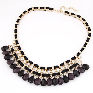 Rhinestone Embellished Resin Waterdrops Pendant Rope and Alloy Weaving Fashion Necklace - Black