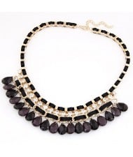 Rhinestone Embellished Resin Waterdrops Pendant Rope and Alloy Weaving Fashion Necklace - Black