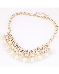 Rhinestone Embellished Resin Waterdrops Pendant Rope and Alloy Weaving Fashion Necklace - White