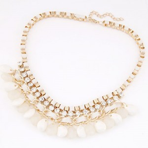 Rhinestone Embellished Resin Waterdrops Pendant Rope and Alloy Weaving Fashion Necklace - White