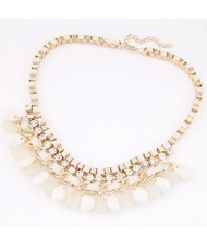 Rhinestone Embellished Resin Waterdrops Pendant Rope and Alloy Weaving Fashion Necklace - White