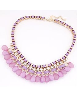 Rhinestone Embellished Resin Waterdrops Pendant Rope and Alloy Weaving Fashion Necklace - Violet