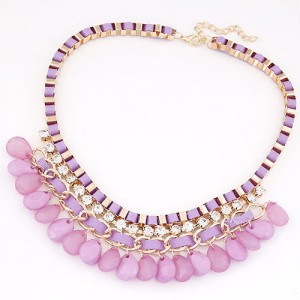 Rhinestone Embellished Resin Waterdrops Pendant Rope and Alloy Weaving Fashion Necklace - Violet