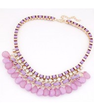 Rhinestone Embellished Resin Waterdrops Pendant Rope and Alloy Weaving Fashion Necklace - Violet