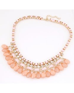 Rhinestone Embellished Resin Waterdrops Pendant Rope and Alloy Weaving Fashion Necklace - Pink