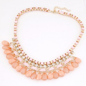 Rhinestone Embellished Resin Waterdrops Pendant Rope and Alloy Weaving Fashion Necklace - Pink