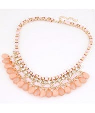 Rhinestone Embellished Resin Waterdrops Pendant Rope and Alloy Weaving Fashion Necklace - Pink