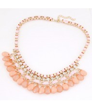 Rhinestone Embellished Resin Waterdrops Pendant Rope and Alloy Weaving Fashion Necklace - Pink