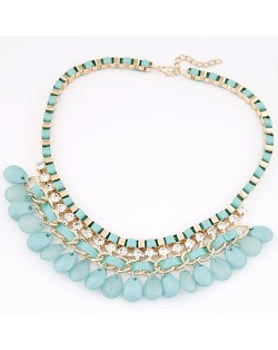 Rhinestone Embellished Resin Waterdrops Pendant Rope and Alloy Weaving Fashion Necklace - Teal