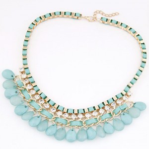 Rhinestone Embellished Resin Waterdrops Pendant Rope and Alloy Weaving Fashion Necklace - Teal