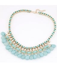 Rhinestone Embellished Resin Waterdrops Pendant Rope and Alloy Weaving Fashion Necklace - Teal