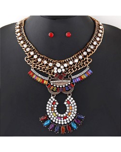 High Fashion Rhinestone Embellished Dangling Floral Pattern Design Bold Style Thick Chain Necklace - Multicolor