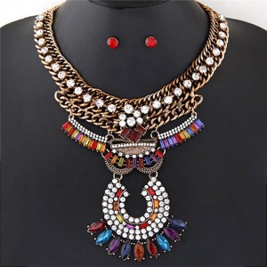 High Fashion Rhinestone Embellished Dangling Floral Pattern Design Bold Style Thick Chain Necklace - Multicolor