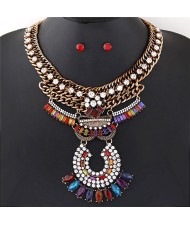 High Fashion Rhinestone Embellished Dangling Floral Pattern Design Bold Style Thick Chain Necklace - Multicolor
