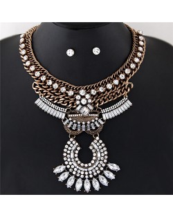 High Fashion Rhinestone Embellished Dangling Floral Pattern Design Bold Style Thick Chain Necklace - White