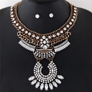 High Fashion Rhinestone Embellished Dangling Floral Pattern Design Bold Style Thick Chain Necklace - White