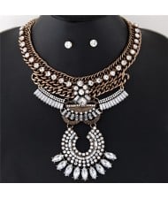 High Fashion Rhinestone Embellished Dangling Floral Pattern Design Bold Style Thick Chain Necklace - White