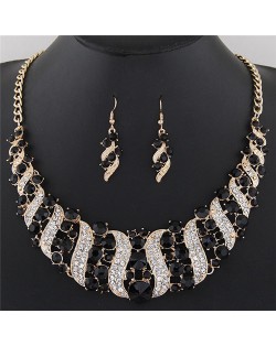 Flowers Inside Vines Design Rhinestone Fashion Necklace and Earrings Set - Black