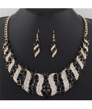 Flowers Inside Vines Design Rhinestone Fashion Necklace and Earrings Set - Black