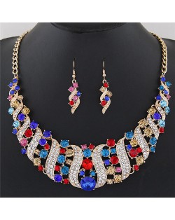 Flowers Inside Vines Design Rhinestone Fashion Necklace and Earrings Set - Multicolor