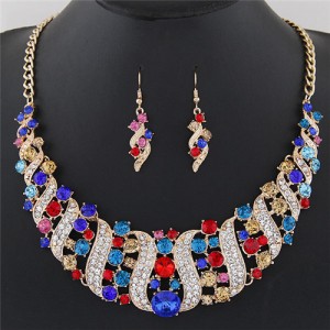 Flowers Inside Vines Design Rhinestone Fashion Necklace and Earrings Set - Multicolor