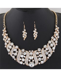 Flowers Inside Vines Design Rhinestone Fashion Necklace and Earrings Set - White