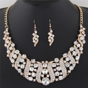 Flowers Inside Vines Design Rhinestone Fashion Necklace and Earrings Set - White