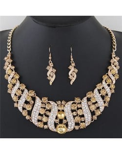 Flowers Inside Vines Design Rhinestone Fashion Necklace and Earrings Set - Golden