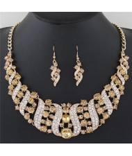 Flowers Inside Vines Design Rhinestone Fashion Necklace and Earrings Set - Golden