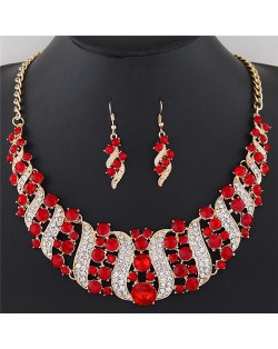 Flowers Inside Vines Design Rhinestone Fashion Necklace and Earrings Set - Red