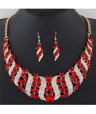 Flowers Inside Vines Design Rhinestone Fashion Necklace and Earrings Set - Red