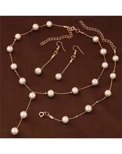 Graceful Pearl Fashion Slim Chain Fashion Necklace Bracelet and Earrings Combo Set - Golden